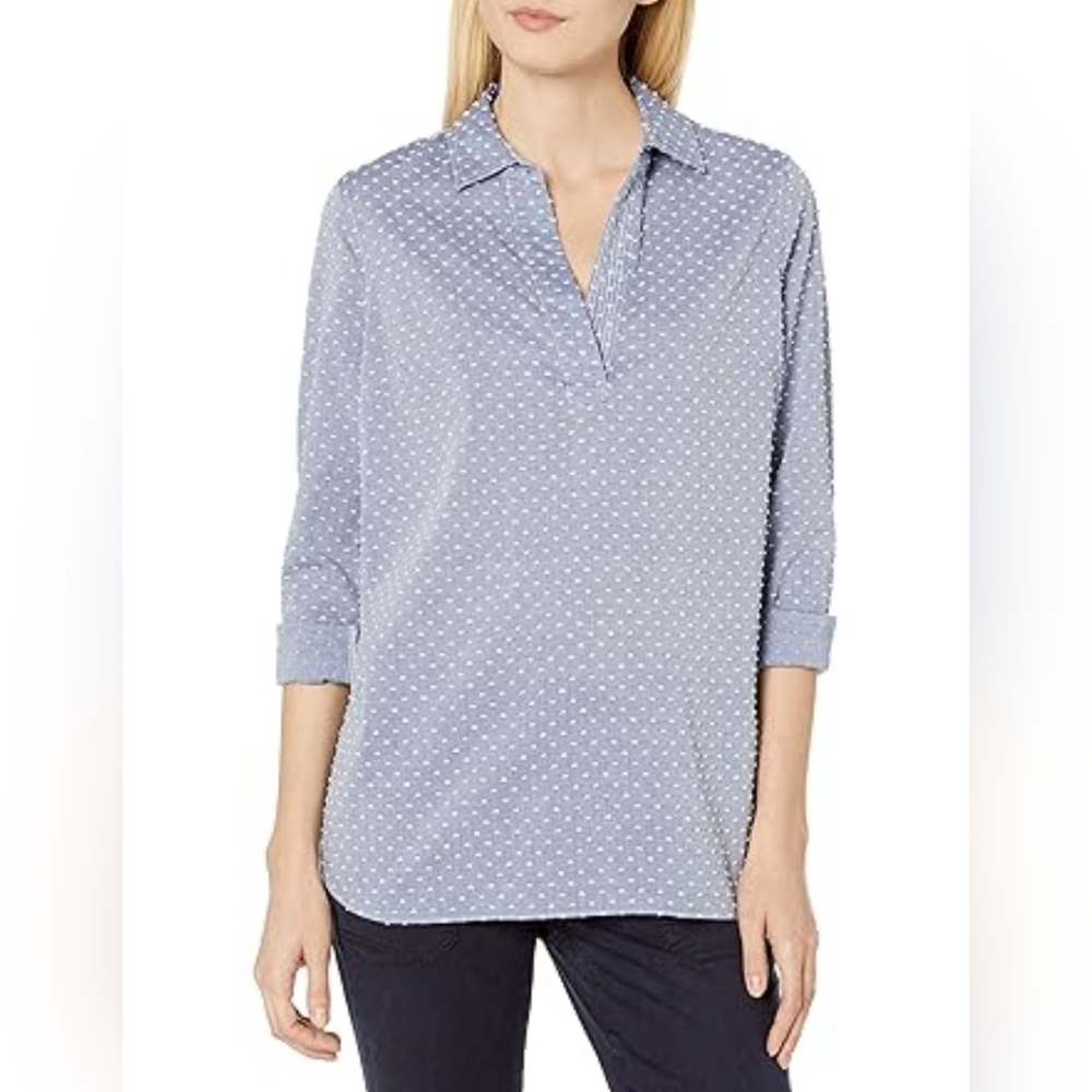 NYDJ blue and white swiss dot cotton popover tunic size small